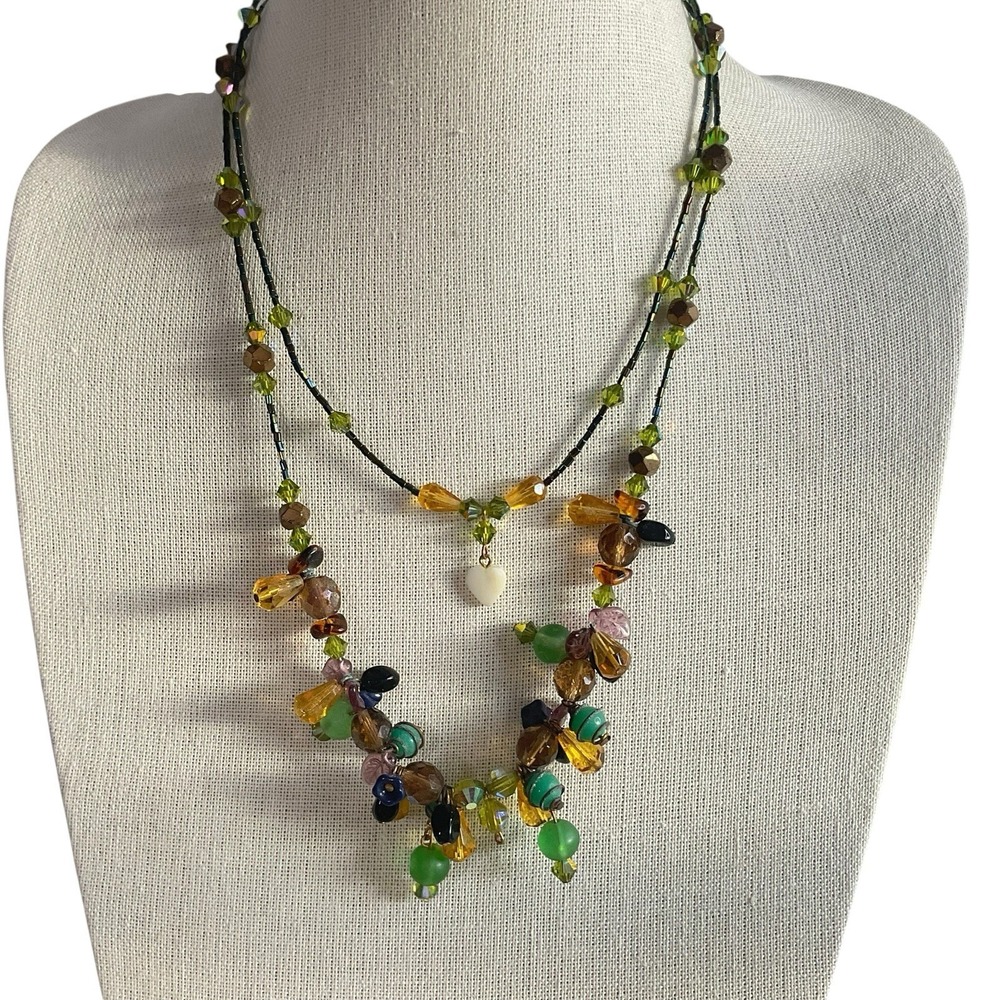 Glass Artsy Bead Necklace Double Strand Handmade Pop Art Colorful Boho